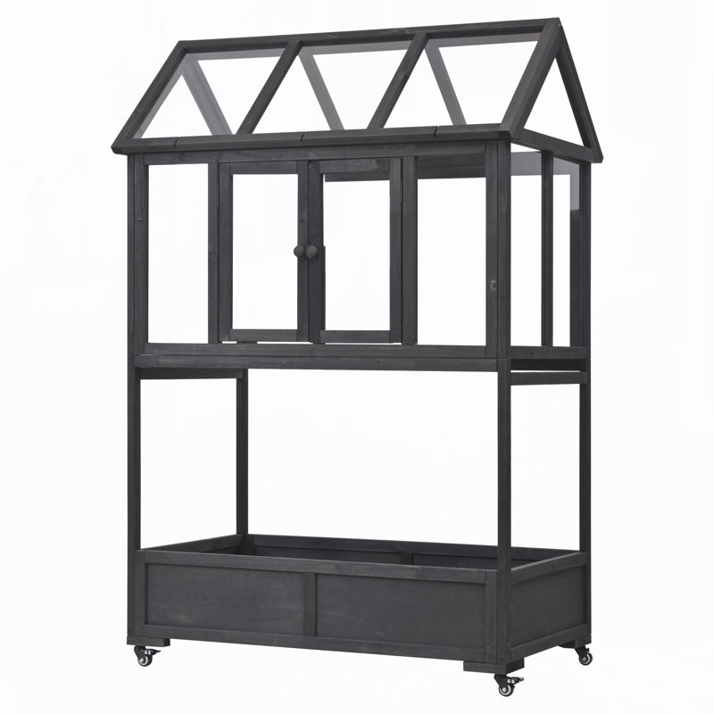 Garden Wood Portable Cold Frame with Movable Wheels Mini Greenhouse with Openable Roof and Storage Box, Black