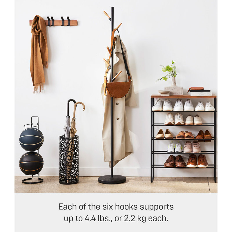 Sleek Yamazaki Black Freestanding Coat Rack with Wood-Tipped Hooks