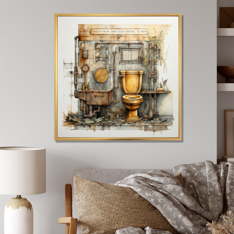 " Industrial Chic Mixed Toilet ", 16" H x 16" W x 1" D, Gold Floater Framed
