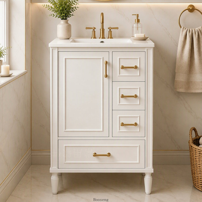 Meuble-lavabo moderne de 61 cm (24 pouces) avec lavabo en céramique, porte à fermeture douce, 3 tiroirs et poignées dorées
