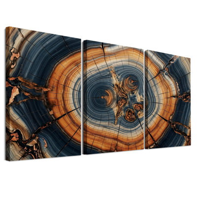 Ensemble de 3 tableaux muraux sur toile représentant des sections transversales de souches d'arbres bleues et brunes