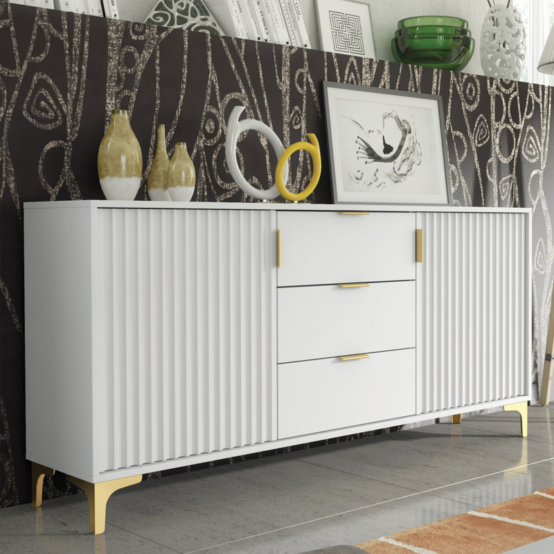 140cm Loft Retro Sideboard - Cabinet With Milled Fronts & Tv Unit Cupboard, White