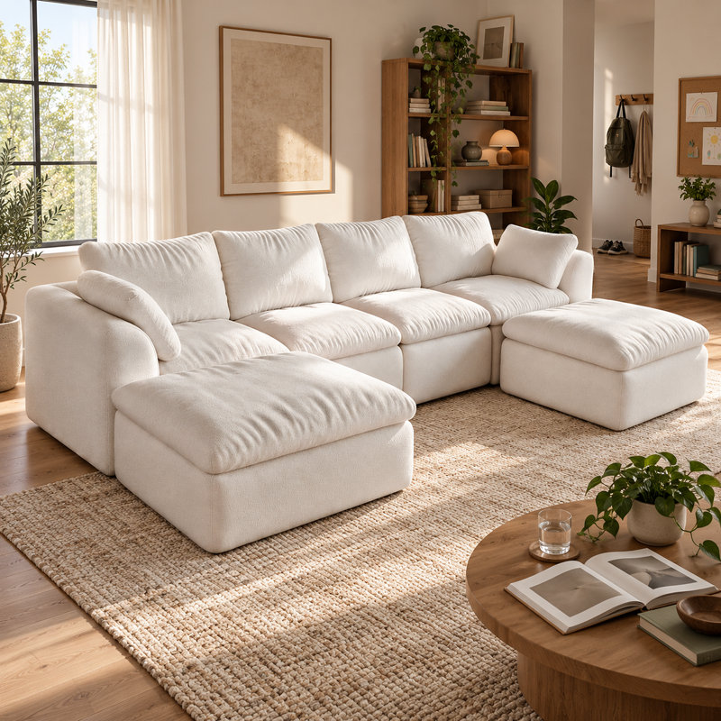 Canapé modulaire à six places en lin avec méridienne double et repose-pieds, beige, Lin blanc