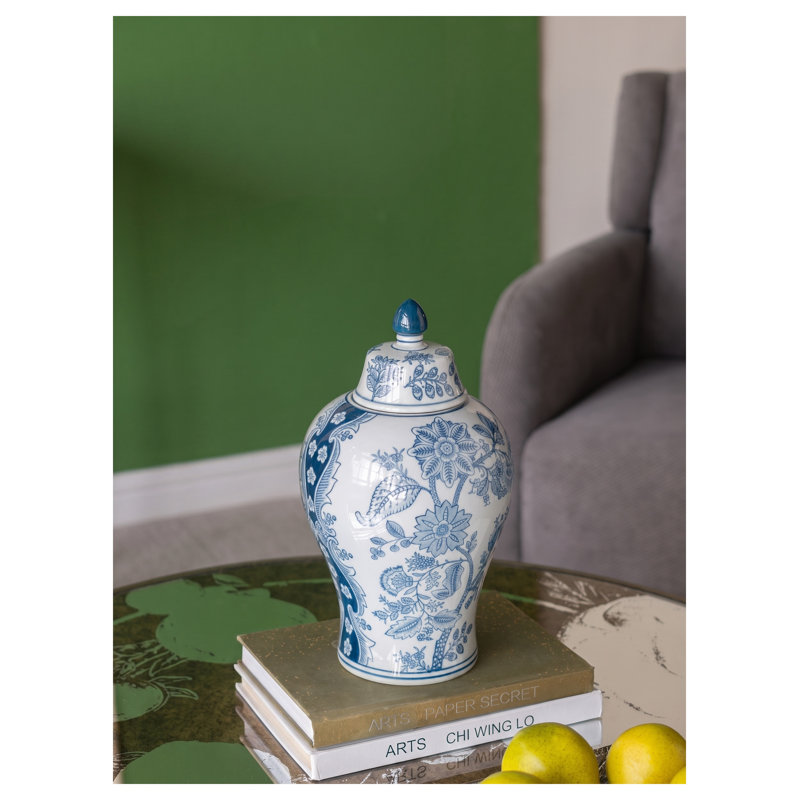 Vase de rangement décoratif en porcelaine bleue et blanche avec motifs floraux, H 12,6 po