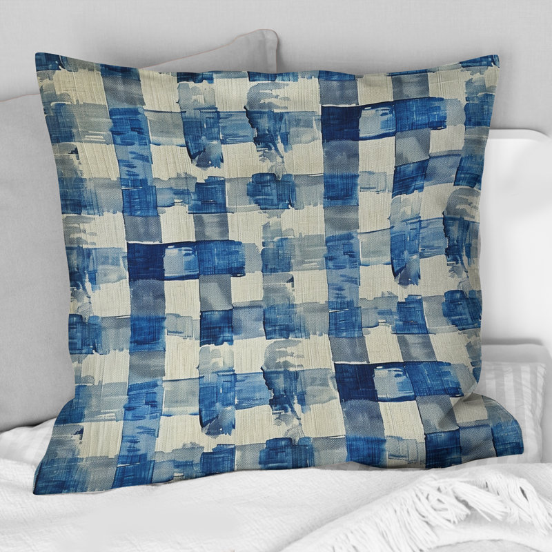 Coussin bleu et beige Mid-Century Gingham IV - Mid-Century, H 16 po x l 16 po