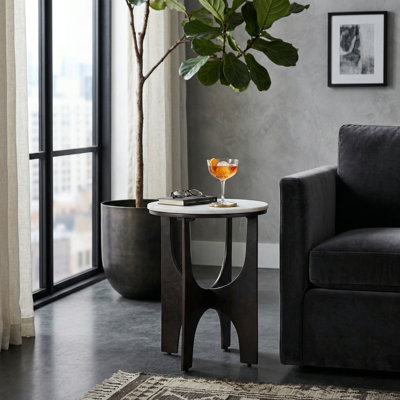 Contemporary Round Marble Top Accent Side Table With Metal Base For Living Room Decor - Sculptural Narrow End Table For Small Spaces - 22", White & Bronze