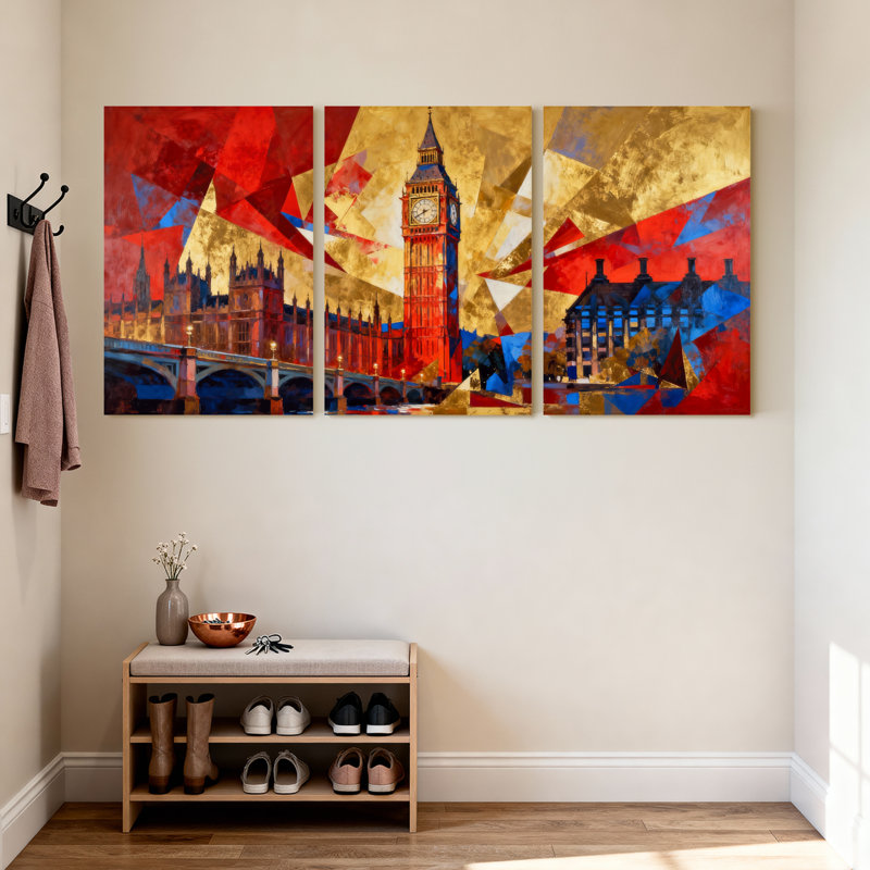 Ensemble de 3 reproductions d'art sur toiles abstraites de grandes villes et pays de Londres avec Big Ben, H 30 po x l 60 po