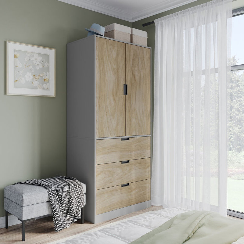 Stephy Solid Wood Wardrobe, Gray/Oak