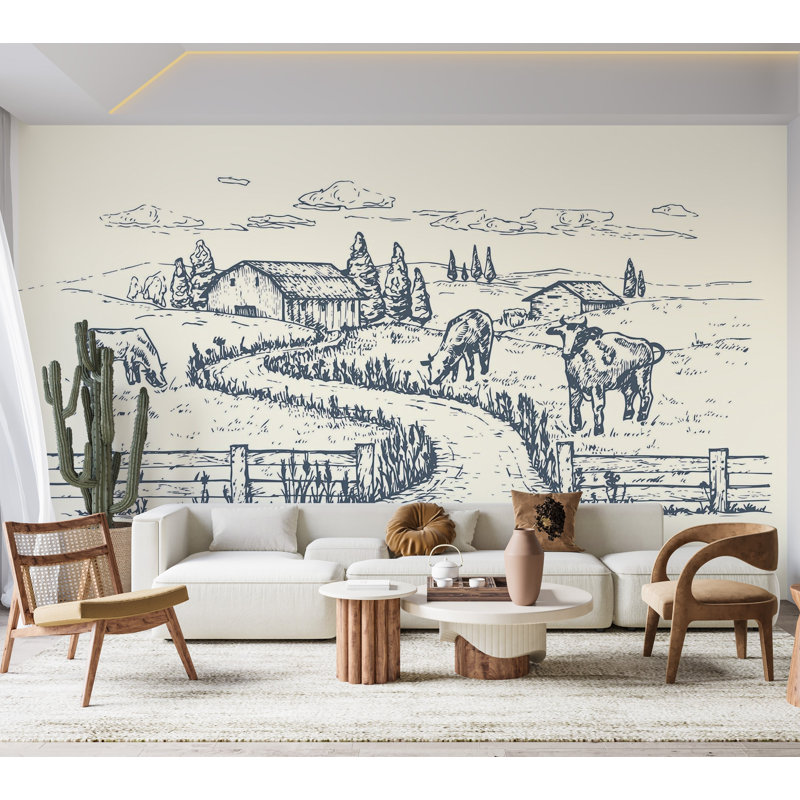 Murale pelez et collez de qualité supérieure - Croquis de ferme rustique, L 60 po x L 40 po