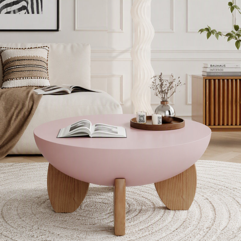 Table basse ronde moderne de 30 po, table centrale en forme de bol avec pieds en bois massif, plateau de table lisse peint, assemblage facile, table basse Mid-Century