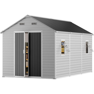 8X14 Ft Outdoor Storage Shed, Weatherproof Tool Sheds Storage House With Windows & Floor, Outdoor Storage-Dove Gray