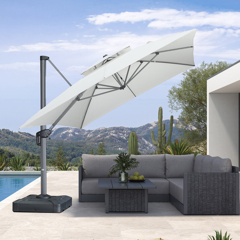 Parasol carré large 10 "x 13" pour l'extérieur, double toile, tissu haut de gamme, avec base, blanc, Toile naturelle