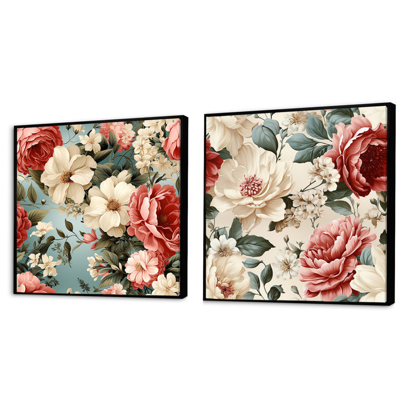 Ensemble de 2 pivoines roses et antiques, Cadre flottant noir, H 16 po x l 33 po