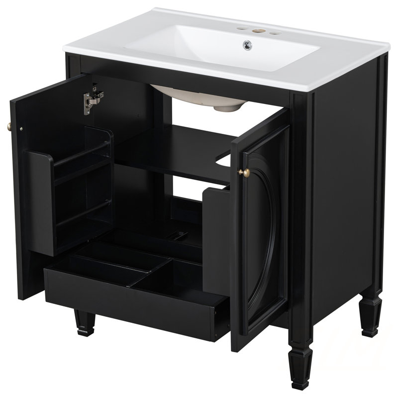Meuble-lavabo 30 po avec lavabo, deux portes avec tablette, charnières de porte à fermeture en douceur, style rétro, noir, meubles-lavabos, meubles-lavabos