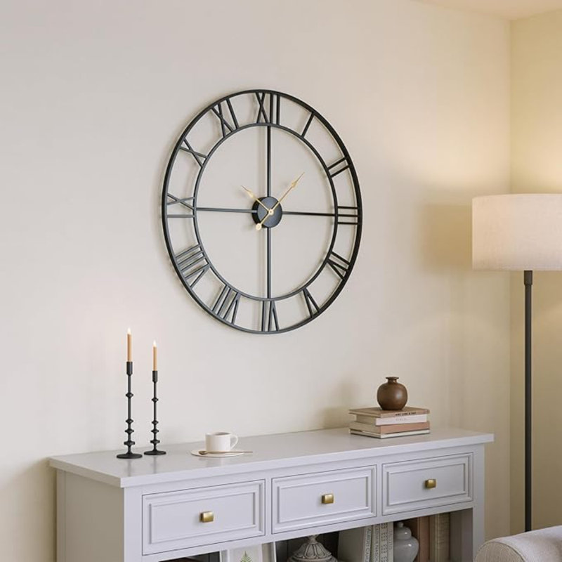 VAN GOGH ART Large Decorative Wall Clock For Kitchen Living Room Mantel, Completely Silent Non Ticking Battery-Operated Modern Black Metal Round Wall Clock For Bedroom - 30 Inch Roman Number