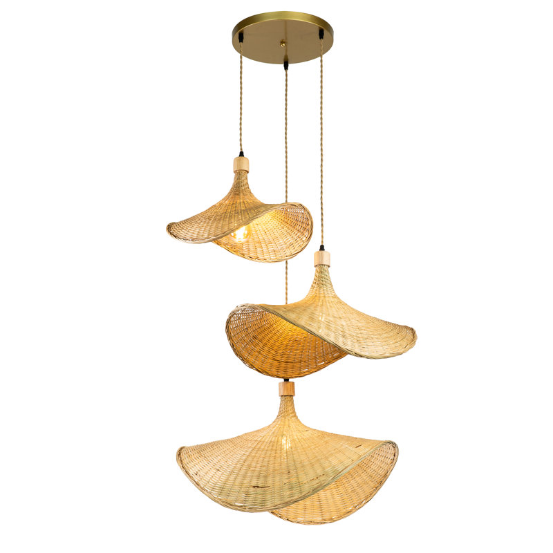 Luminaire suspendu en forme de chapeau en rotin brun clair à 3 lumières