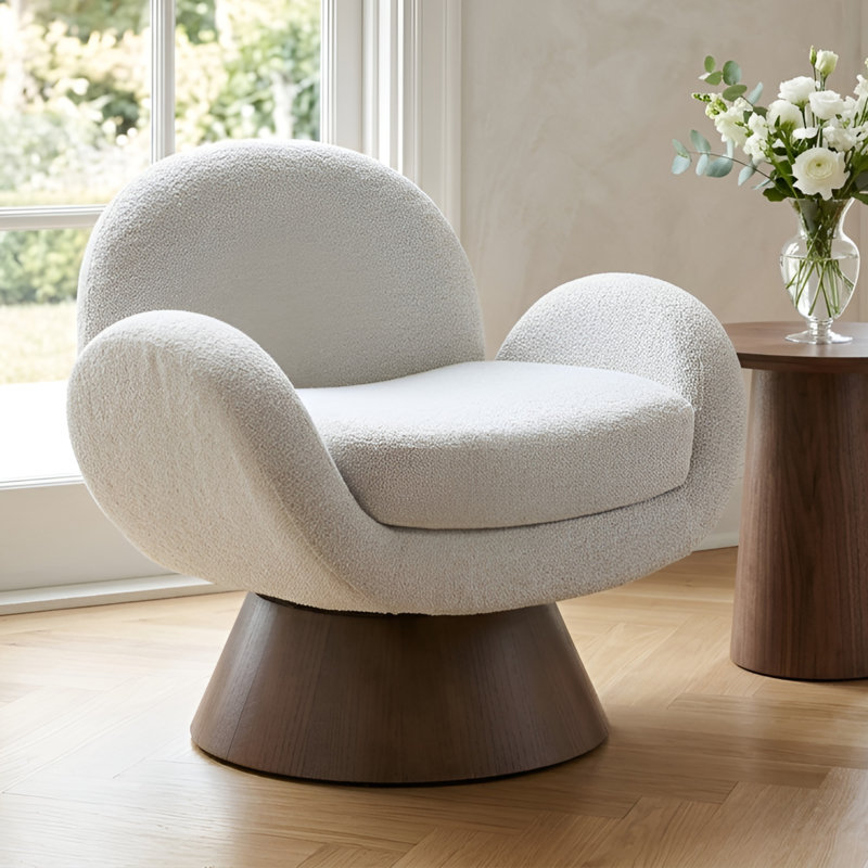 Swivel Armchair With Solid Wood Base, Walnut, Beige Boucle