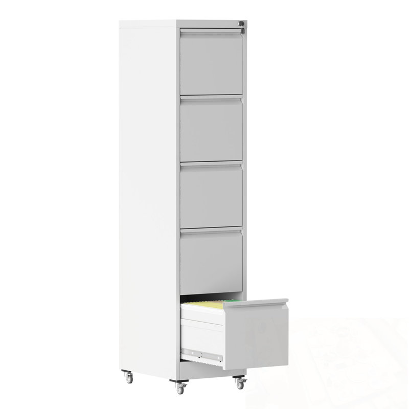 5 Drawers Metal Vertical File Cabinet with Lock on Wheels, White