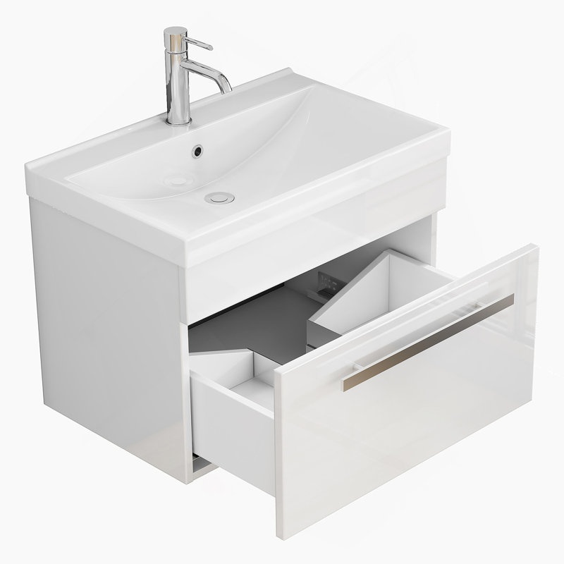 Meuble-lavabo mural de 24 po avec tiroir à fermeture en douceur, finition blanc brillant et lavabo en céramique à bords épais unique pour les salles de bain modernes
