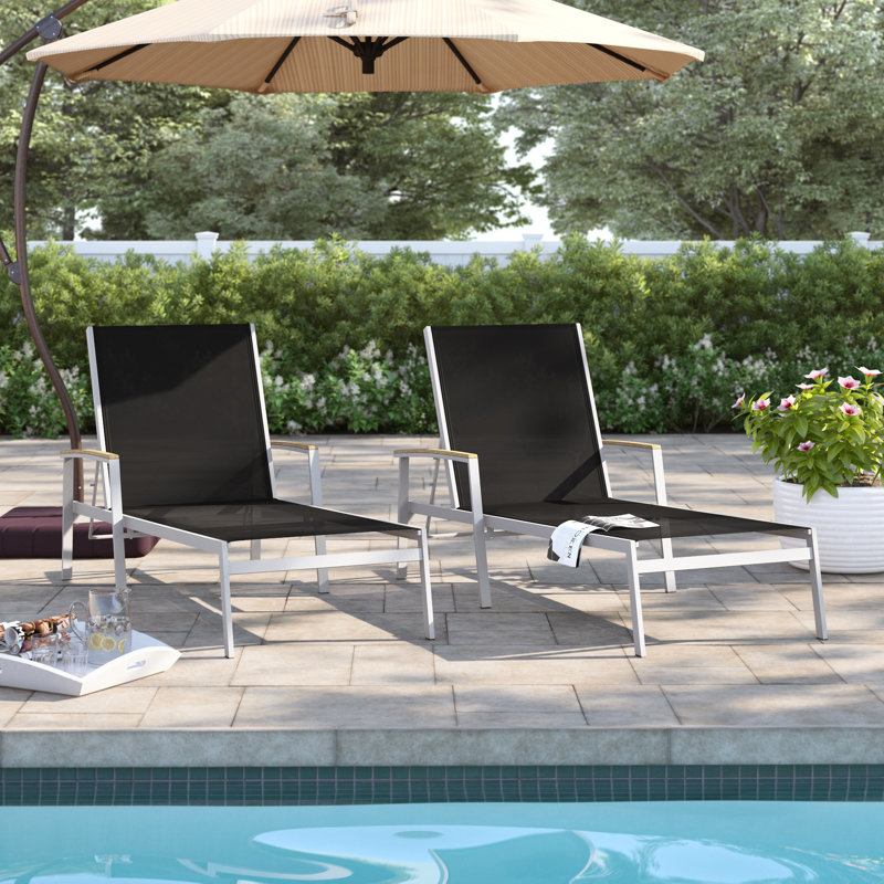 Ensemble de chaises longues inclinables de 80 po Travira, Noir, noir, noir, noir, Bois de teck rétro, Flint
