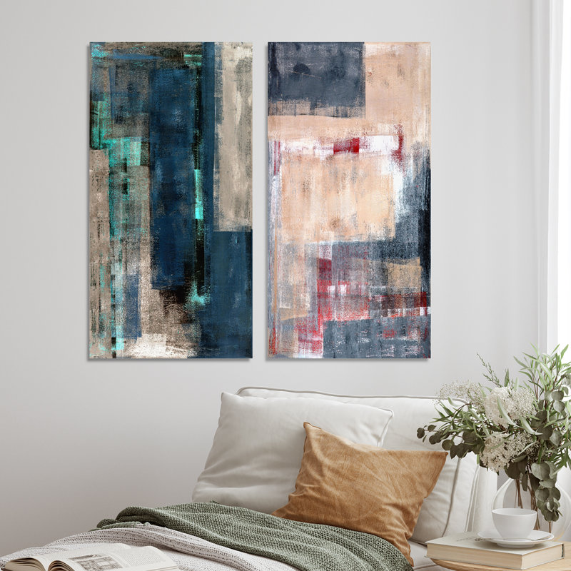 «Blue Meets Beige Abstract Art III», ensemble de 2 peintures sur toiles, Toile tendue, H 20 po x l 24 po x P 1 po