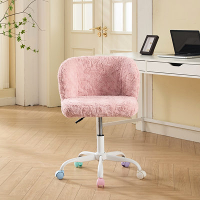 Pink Swivel Office Chair With Artificial Rabbit Hair, Adjustable Mechanism, Metal Base, Ideal For Bedroom, Foam Filled, Wide And Deep Seating Surface, Ergonomic , Non - Shedding Faux Fur, Snow White