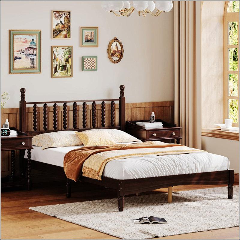Lit plateforme double en bois pleine grandeur avec tête de lit en forme de gourde, style rétro et support à lattes en bois, finition noyer