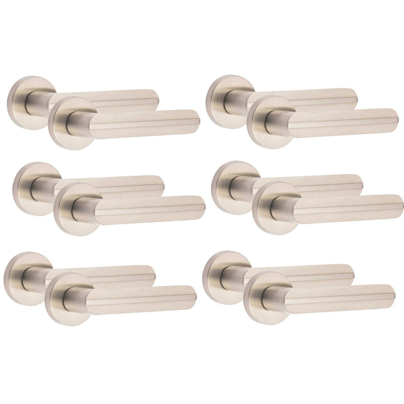 6 Pairs Modern Lima Knurled Design Premium Door Handles on Round Rose in Antique Brass