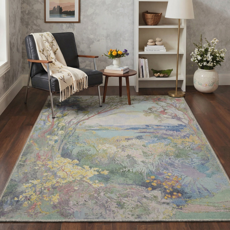 Abshire Impressionist Garden Landscape Machine Washable Green / Yellow / Blue Indoor Area Rug with Non-Slip Backing