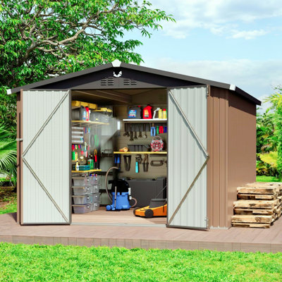 Remise de rangement extérieure 120 po x 144 po, abri de jardin en métal, brun