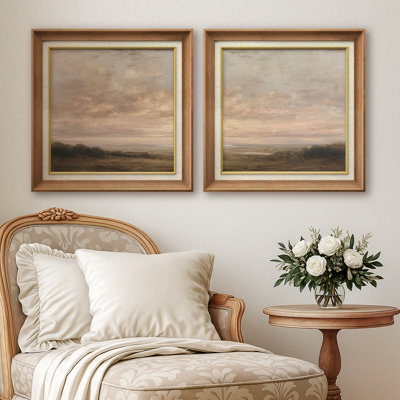 «Calm Neutral Sunset Cloudy Sky Landscape Decor», œuvre d'art encadrée pour chambre principale, 2 pièces