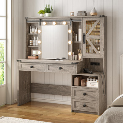 Farmhouse Vanity Desk With Charging Station And Sliding Mirror & Lights Vanity Desk With Large Storage Makeup Vanity For Bedroom by Gracie Oaks