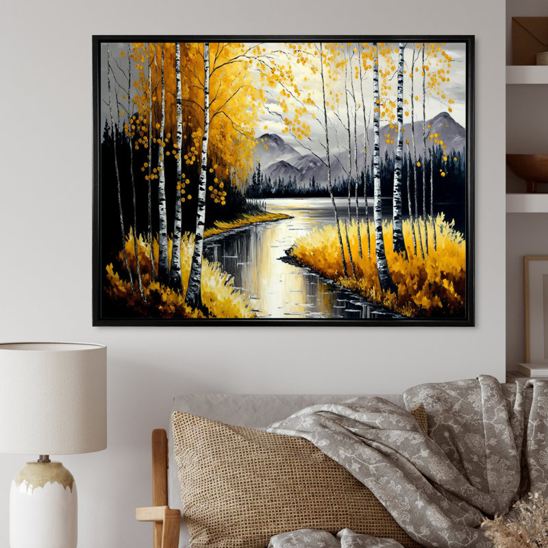 Bouleaux gris et jaunes au bord du lac II - arbre, art mural, H 34 po x l 44 po x P 1,5 po, Toile avec cadre flottant noir