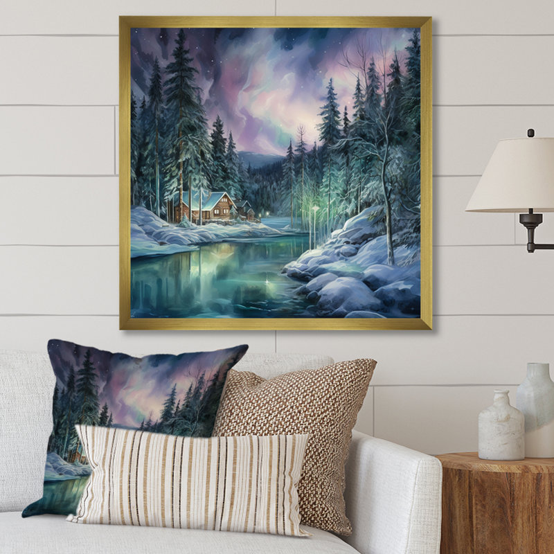 «Northern Lights Charm In Winter», reproduction sur toile, H 16 po x l 16 po x P 1 po, Cadre doré simple