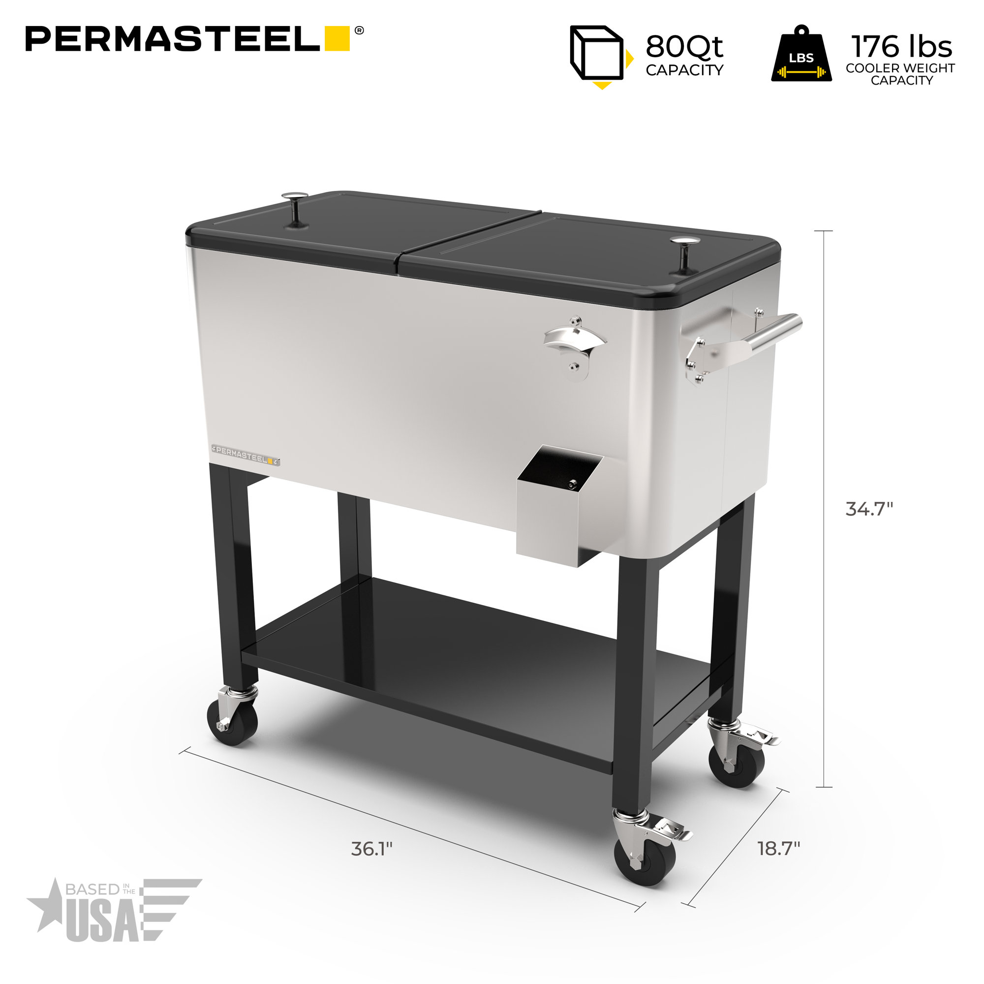 Permasteel 80-Qt Outdoor Patio Cooler with Removable Basin, Stainless Steel, Without Divider