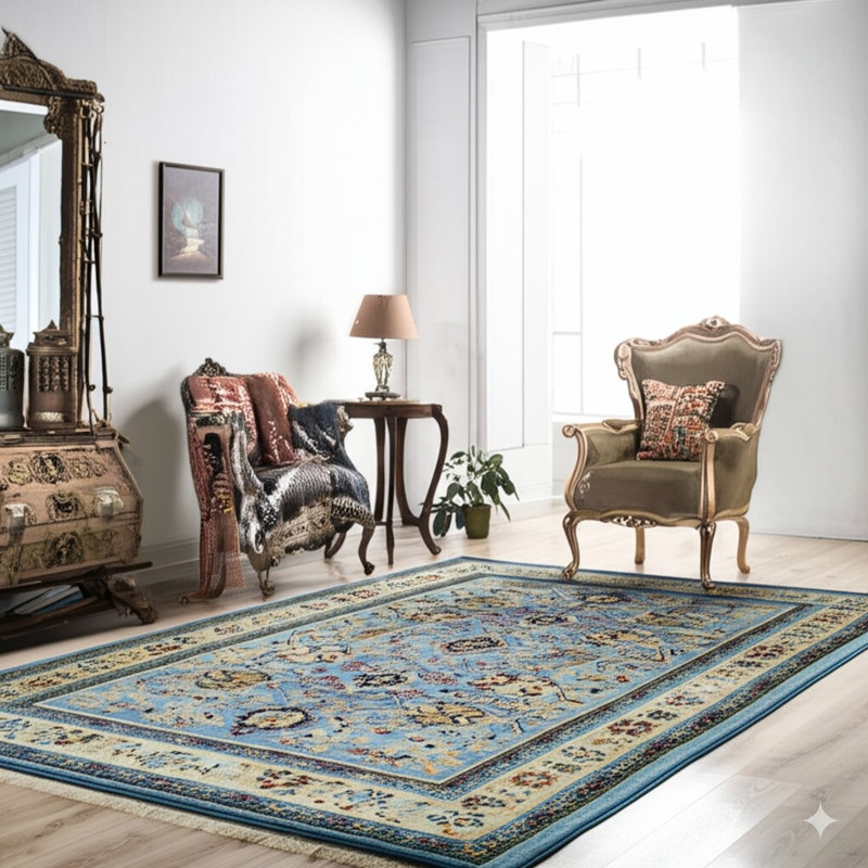 Tapis bleu noué à la main, Rectangle 9 pi x 12 pi