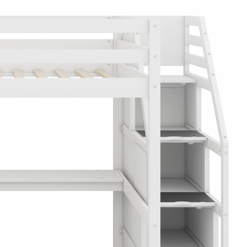 Lit mezzanine double avec bureau et tablettes, Blanc