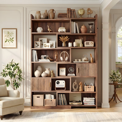 75.1"H Modern Adjustable Bookcase - Open & Closed Storage, L-Shaped or Straight, for Living Room, Bedroom, Home Office,75.1"Hx46.9"Wx9.4"D