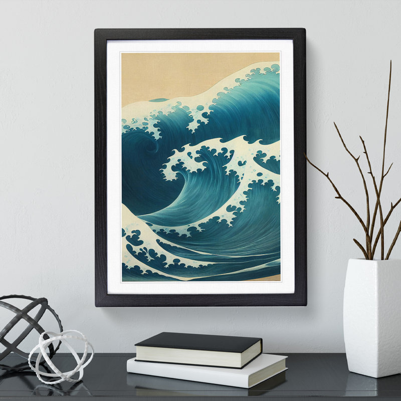 Traditional Japanese Wave No.2 - Single Picture Frame Painting, 64cm H x 46cm W x 2cm D, Black Framed