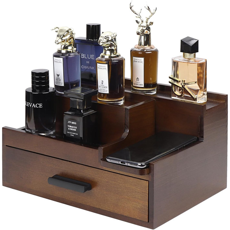 Porte-parfum à 3 niveaux avec tiroir et compartiment caché, brun
