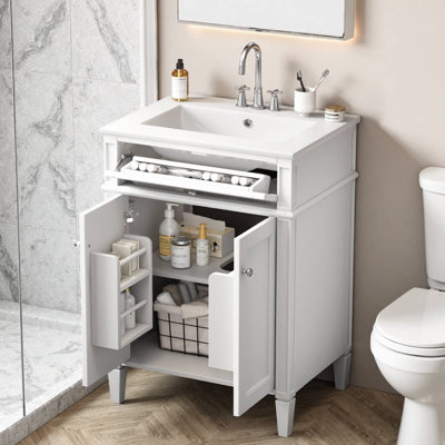 Meuble-lavabo moderne de 24 po avec lavabo en céramique - 2 portes à fermeture en douceur avec organisateurs et tiroir basculant, tablette réglable, armoire de rangement compacte pour petites salles de bain