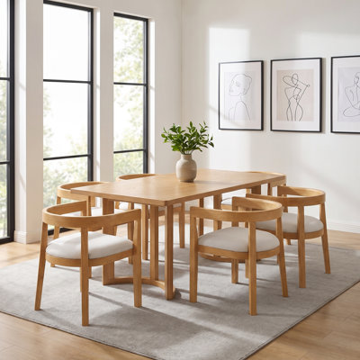 7-Piece Dining Table Set with 6 Upholstered Barrel-Back Chairs, Rectangular Tabletop & Double Pedestal Base – Kitchen Table for 6, Dining Room and Bre