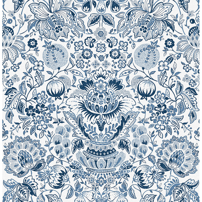 Blanche Dark Green Floral Damask Wallpaper, Blue