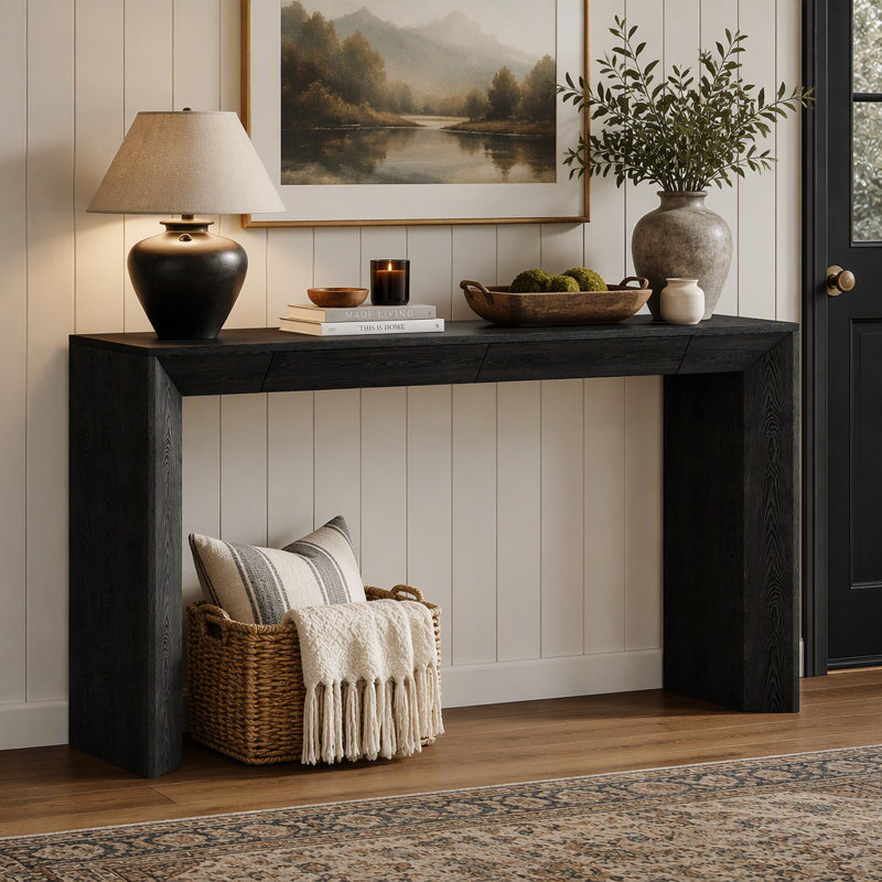 Console de style champêtre avec 2 tiroirs dissimulés, table d'entrée au design en cascade, Black, Noir, Noir