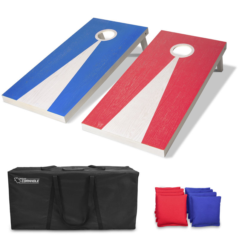 Ensemble de jeu de cornhole en bois massif 4 pi x 2 pi - Jeux d'extérieur avec étui de transport, Blanc / Rouge / Bleu