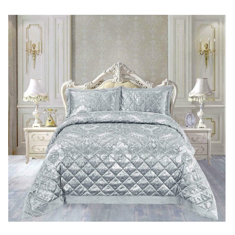 Haith Polyester Floral Bedspread with Pillowcases Included, Double Bedspread - 2 Pillowcases, Silver