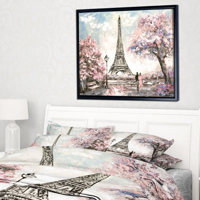 Cityscape 'Eiffel with Pink Flowers' Painting