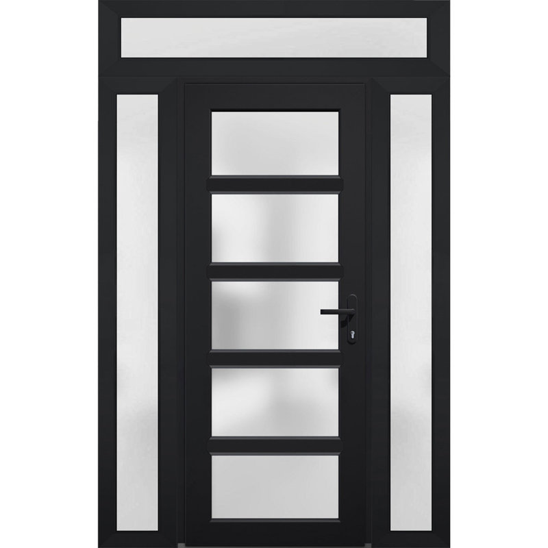 Porte d'entrée extérieure prémontée en PVC-U, verre dépoli, Manux 8002, noir mat, 2 fenêtres latérales et supérieure, portes extérieures pour bureaux, commerces et habitations, entrée, patio, garage - L 40,6 + 91,4 + 40,6 cm x H 203,2 + 35,6 cm - Ouverture à gauche vers l'intérieur