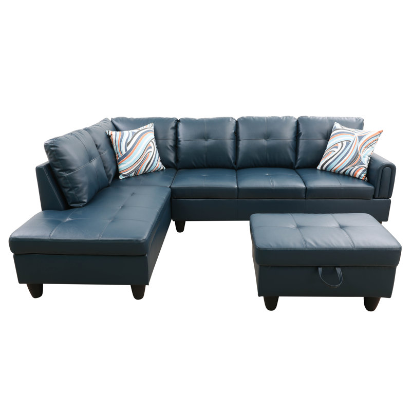 Faux 3-Piece Leather Living Room Sofa Set, Blue Faux Leather, Left Hand Facing
