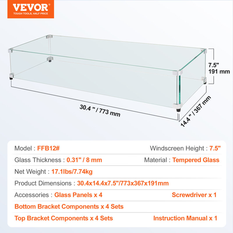 Rectangular Tempered Glass Wind Guard for Fire Pit Table